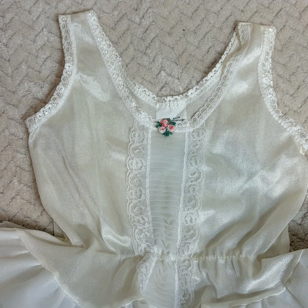 Vintage 70s Toddler‎ Size 1 Ivory Lace Coquette Dollette Rosette Slip Dress